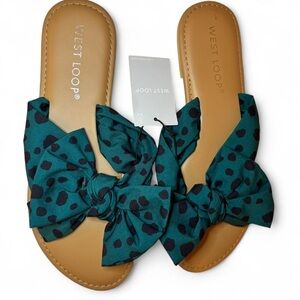 NWT West Loop 5/6 Women's Green and Black Bow Sandals Polka Dots Animal Print